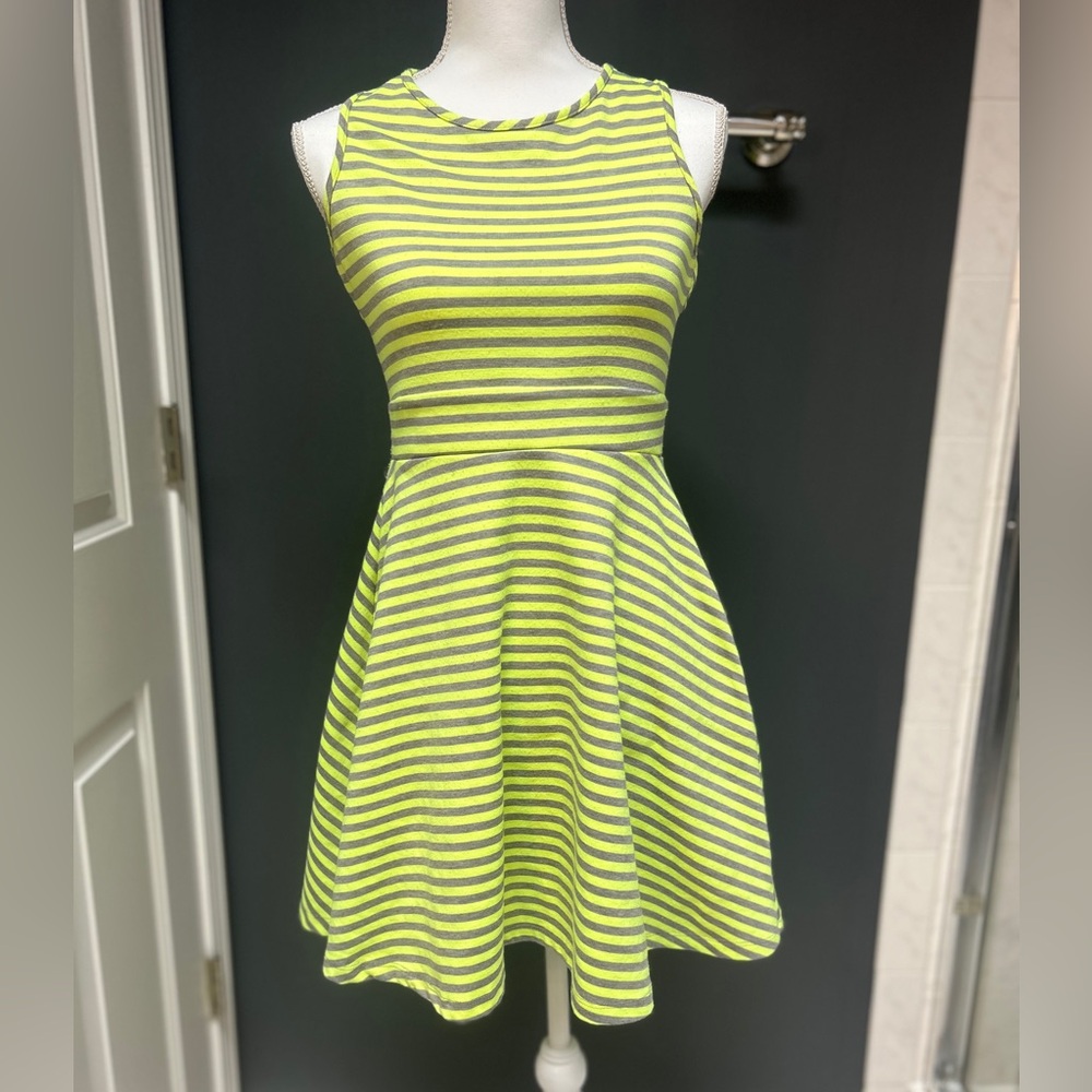 striped flare dress with cross-cross open back.